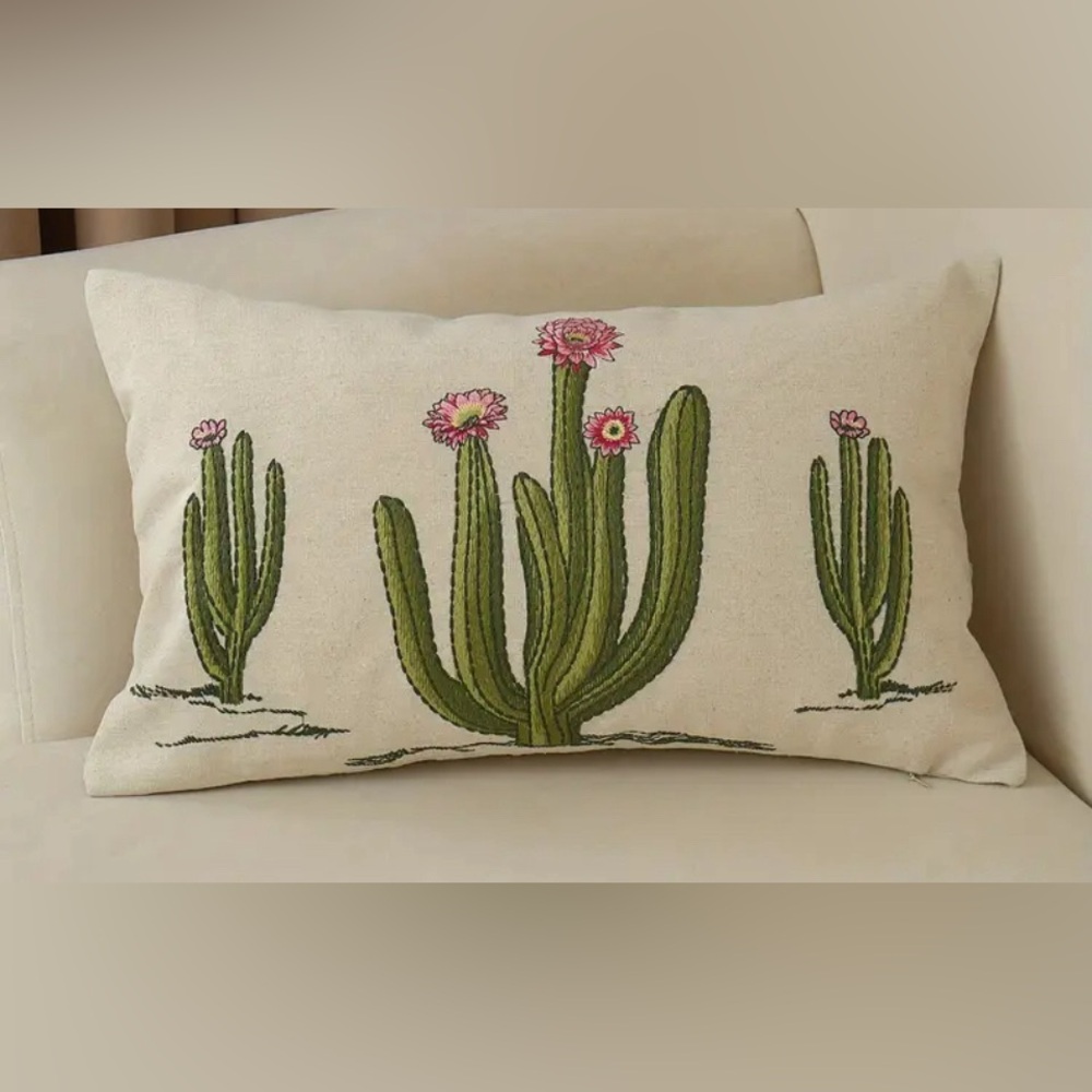 NEW- Cactus Embroidered Pillow w/ Removable Cover (19.6” x 11.8”) - 2 Available